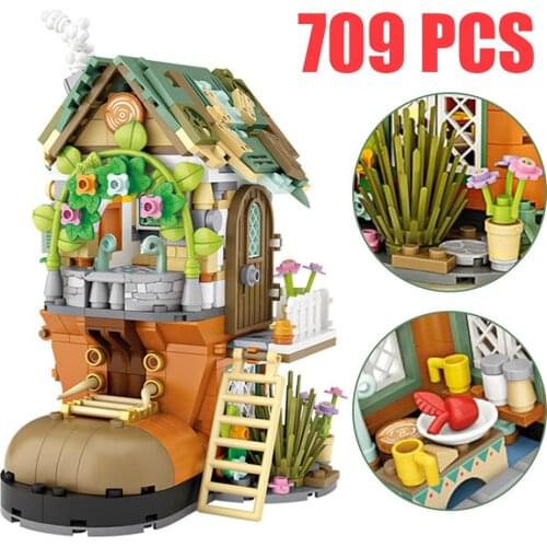 Princess & Dwarf Hut Shoe House Forest Cabin Animal Flower Tree 3D Model DIY Mini Size Building Blocks Bricks Creative Kids Toys