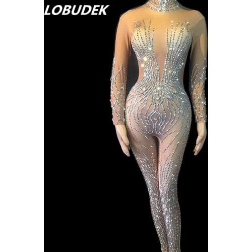 Flashing Crystals Elastic Skinny Spandex Jumpsuit Nightclub DJ Singer Dance Sexy Costume Bar Party Show Stage Wear Dance Outfit