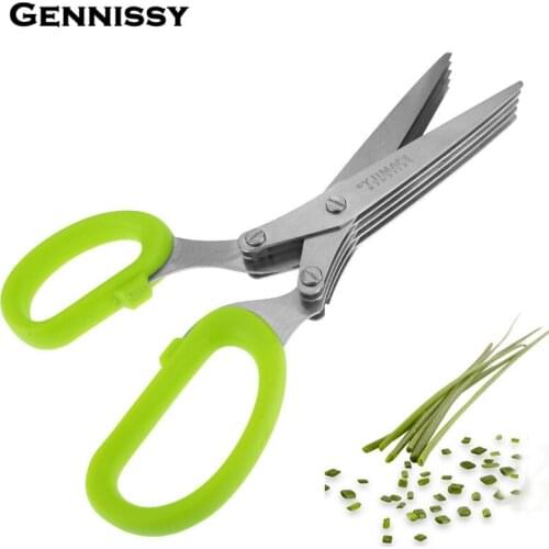 GENNISSY 5 Layers Blade Multi-functional Stainless Steel Kitchen Knives Scissors Sushi Shredded Scallion Cut Herb Spices Scissor