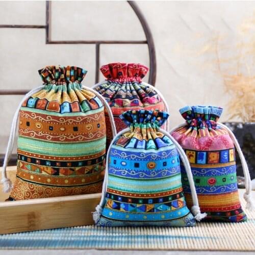 Chinese Ethnic Style Jewelry Coin Pouches Candy Gift Bags Cotton Sachet Purse with Drawstring for Party Wedding Holiday