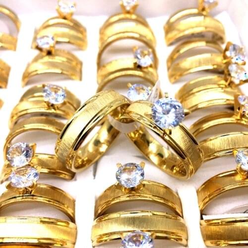 MixMax 36 Pairs Gold Mens Womens Wedding Band Zircon Stainless Steel Rings Couple Jewelry Wholesale Lot