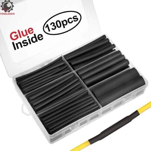 130pcs 3:1 Black Shrink Ratio Dual Wall Adhesive Heat Shrink Tubing Tube kit Cable Sleeve Tube Assort 6 Sizes 3/16" 1/8" 3