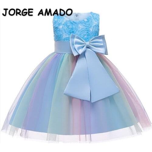 2021 New Summer Teenager Girls Dresses Patchwork Bow Sashes Princess Dress for Party Wedding Piano Perform Kids Clothes E0147