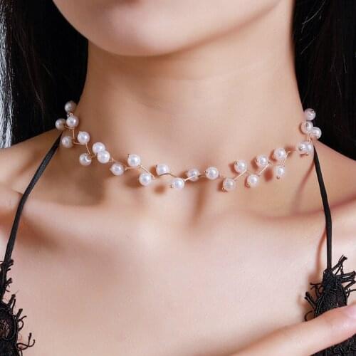 Little Simulated Pearl Beads Sticks Connecting Golden Silver Plated Short Necklace Choker for Women