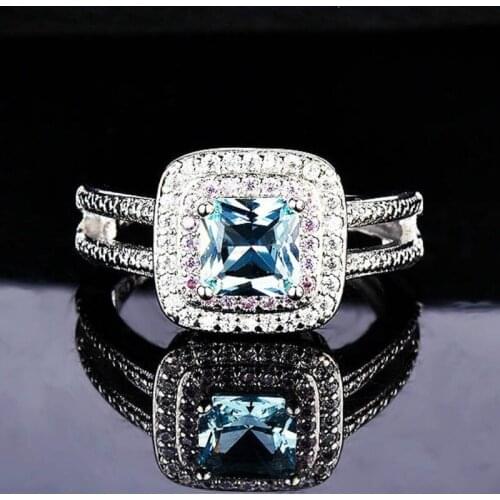 Fashion Luxury 925 Silver Full Diamond Topaz Sea Blue Zircon Ring Engagement Wedding Party Gift Jewelry Ring Wholesale