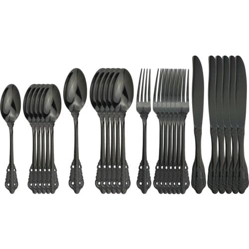 24Pcs/Set Black Dinnerware Set Spoon Knife Fork Kitchen Tableware Set Hotel Restaurant Flatware Set 304 Stainless Steel Cutlery