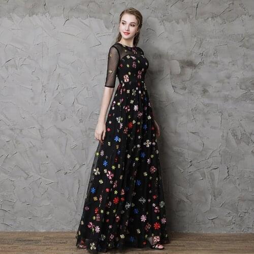 Embroidery Prom Dress 2020 O-Neck Long Party A Line Formal Graduation Gown Evening Celebration Dress