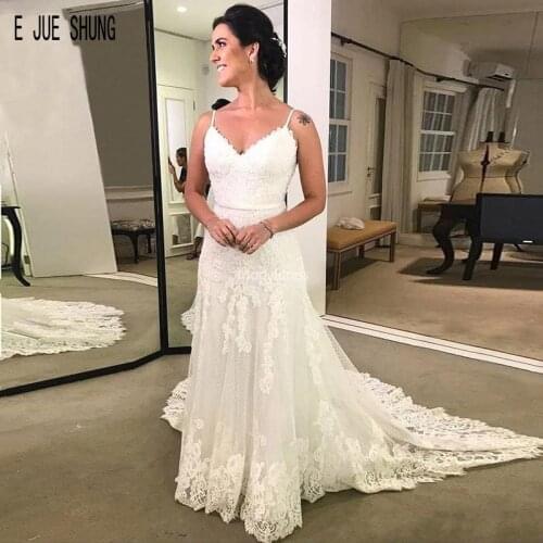 E JUE SHUNG Romantic Lace Wedding Dresses Spaghetti Straps Open Back Appliques Mermaid Bridal Gowns Chapel Vestidoe De Noiva