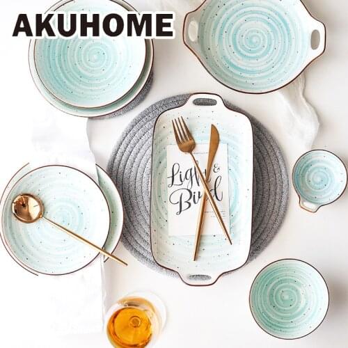 Hand Glaze Down Painted Pottery Porcelain Tableware Suit Household Plate Menu Plate Steamed Rice Bowl Soup Bowl Noodles Bowl