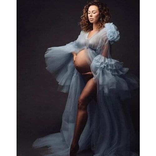Blue Long Robe For Pregnant Women Dresses Babyshower See Thru Ruffles Tulle Prom Dresses Full Sleeves Draped Tulle