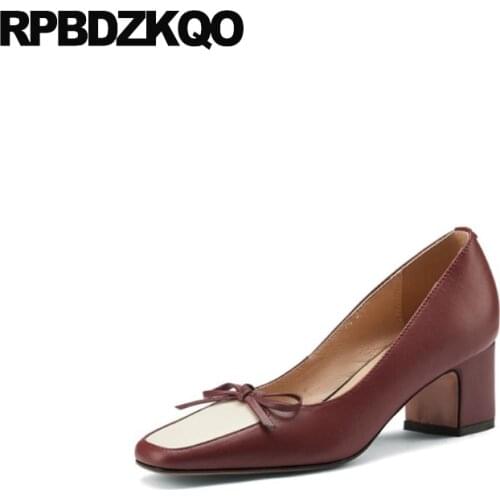 Medium Heels 11 43 Luxury Brand Women Shoes 2021 Sweet Big Size Thick 10 42 Bow Pumps Girls Korean High Square Toe Multi Colored