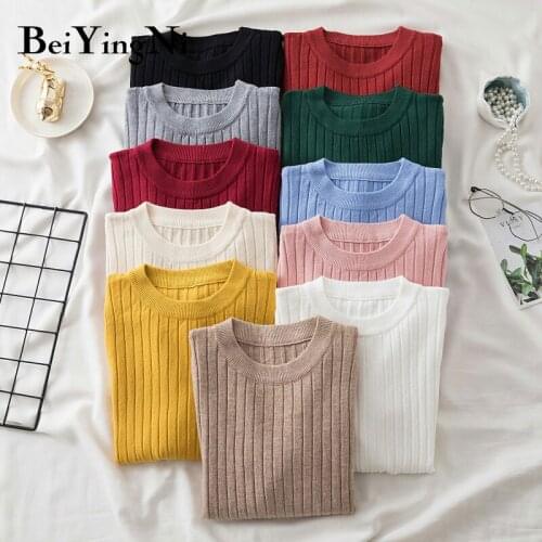 Beiyingni O-neck Sweater Women Cute Sweet Basic Slim Autumn Winter Knitwear Pullovers Female White Black Long Sleeve Tops Jumper