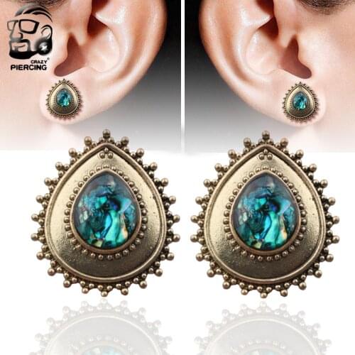 New Arrival Brass Flower With Blue Stone Stainless Steel Body Jewelry Ear Saddle Plug Flesh Tunnel Ear Piercing For Women Men
