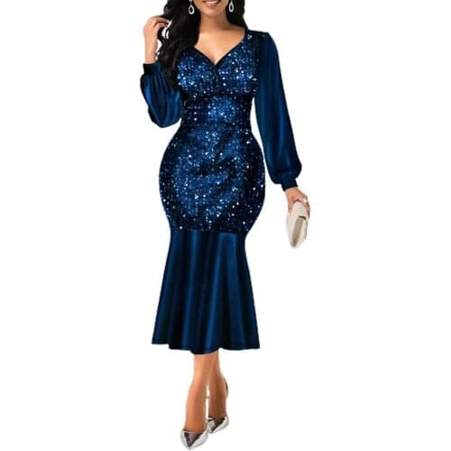 Formal Bodycon Dresses Sequin V Neck Women Shiny Long Sleeve Patchwork Evening Party Dress