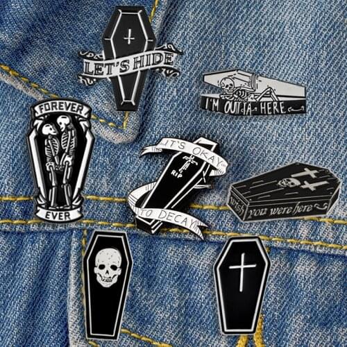 Funny Dark Coffin Enamel Pins Punk Couple Skeleton Forever Brooches Dead Cult Clothes Lapel Pin Badges Gothic Gifts Wholesale
