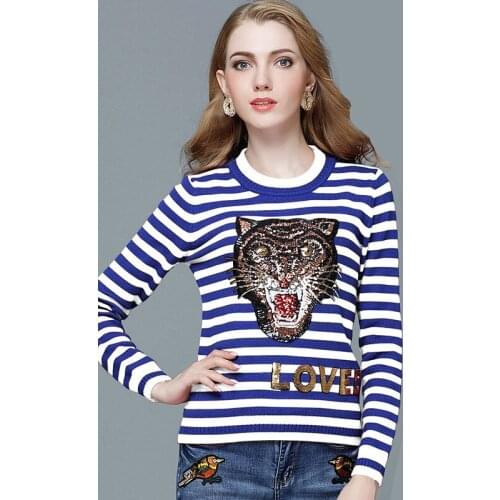 Blusas De Inverno Feminina Women Sweaters And Pullovers 2018 Woman Autumn New Stripe Tiger Head Embroidery Clothes Knitting