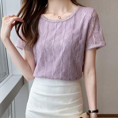 Womens Tops and Blouses 2021 Summer Fashion Lace Round Neck Shirt Elegant Short Sleeve Chiffon Shirts Solid Color Top Blusas