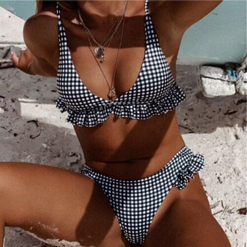 2020 Womens Bikinis Set Plaid Sexy Swimwear Ruffles Push Up Bra Triangle High Waist Thong Swimsuit Bikini Bathing Suits Swimming