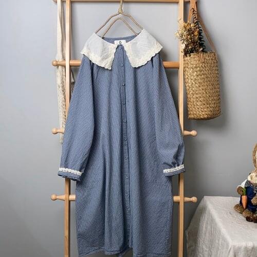 2021 New Fall Women Dress Japan Style Mori Girl Turndown Collar Long Sleeve Loose Midi Dress