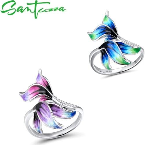SANTUZZA Silver Ring For Woman Pure 925 Sterling Silver Purple Green Leaves кольц Trendy Party Fine Jewelry Handmade Enamel