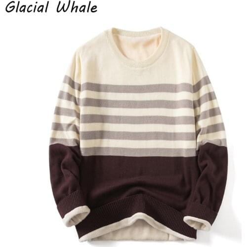 GlacialWhale Winter Mens Knitted Sweater Men Striped Sweaters Pullover Jumper Harajuku Korean Style Casual Brown Sweater Men
