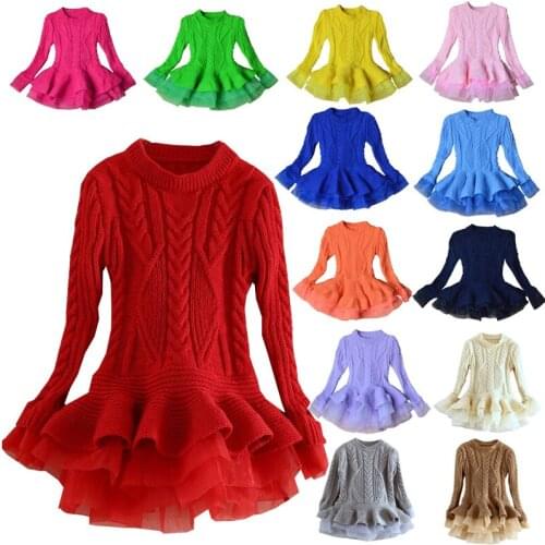 Winter Girls Sweater Tulle Dresses Children Knitted Woolen Dress with Lace Children Autumn Clothing Christmas Warm Dance Clothes