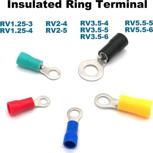 100pcs Ring Insulated Crimp terminal electrical wire connector RV1.25-3 1.25-4 2-4 2-5 3.5-5 3.5-6 5.5-5 5.5-6 cable ferrules