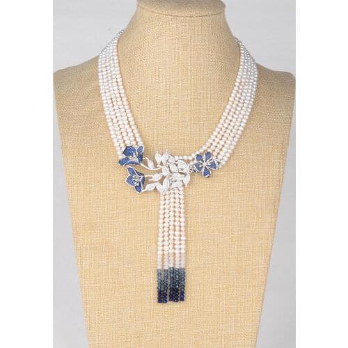 5 Strands 20" White Pearl Necklace CZ Sapphire tassel Pendant