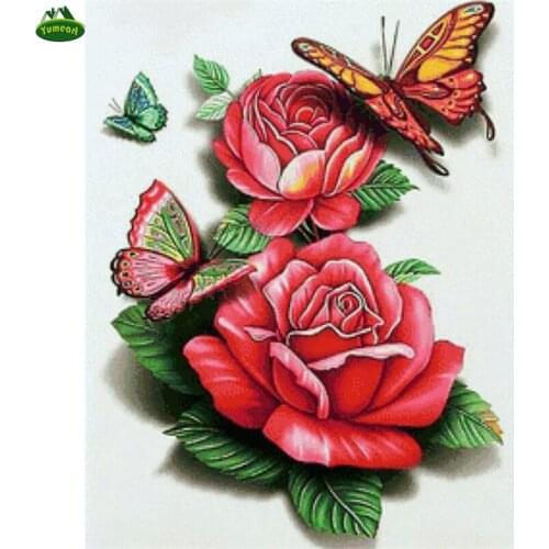 Handmade Diamond Embroidery 5D DIY Diamond Painting Cross Red Roses and Butterflies Needlework Diamond Mosaic Home Decoration