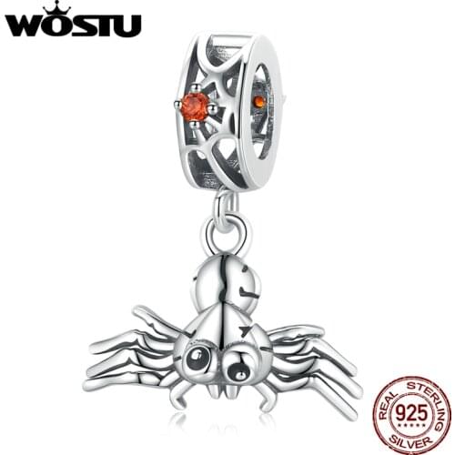WOSTU 925 Sterling Silver Halloween Funny Spider Web Cobweb Heart Charm Charm Beads Fit Original Bracelet DIY Jewelry CQC1959