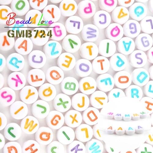 Mixed Letter Acrylic Beads 100pcs 7*4mm White Round Flat Multicolor Alphabet Beads for Bracelet Necklace Diy Jewelry Accessories