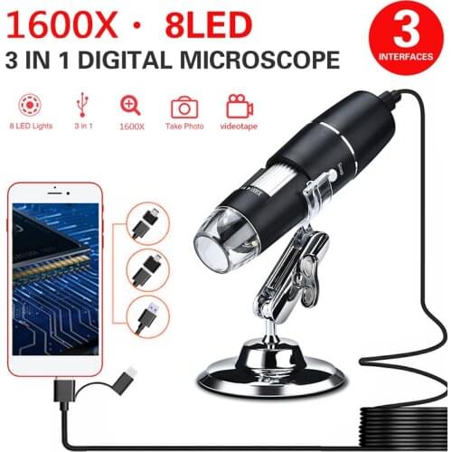 3 In 1 New Portable HD 1600X 2MP Zoom Microscope 8 LED Micro USB Type-c Digital Handheld Magnifier Endoscope Camera