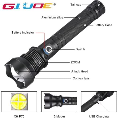 3800LM led P70 flashlight usb rechargeable waterproof super bright lantern 3 modes use 18650/26650 battery Aluminum alloy lamp