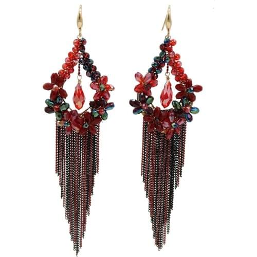 Delicate Handmade Red Blue Crystal Beaded boho Metal Chain Drop Long Tassel Earrings Women Girls Fashion luxury bohemian Jewelry
