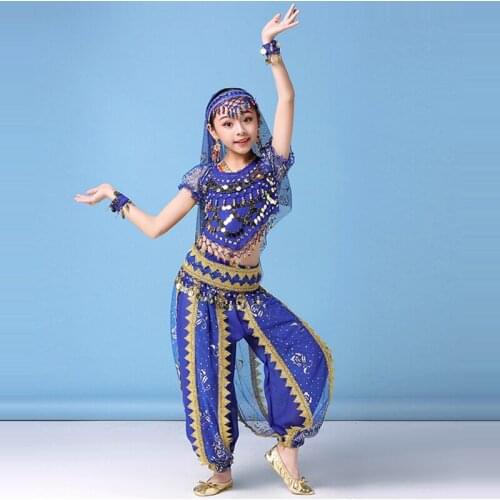 2019 Festival Performance Girls Indian Clothing Outfits Children Bollywood Dance Costume Set 5pcs (Top Belt Pants Sari Handband)
