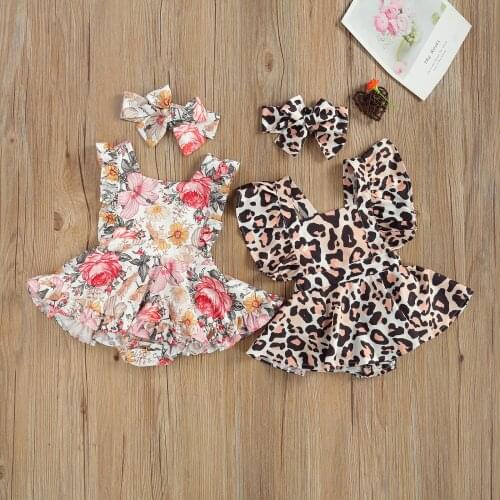 Cute Baby Romper Newborn Toddler Girls Rainbow Flower Leopard Printed Fly Sleeve Rompers Jumpsuit Headband 2Pcs Outfits 0-24M