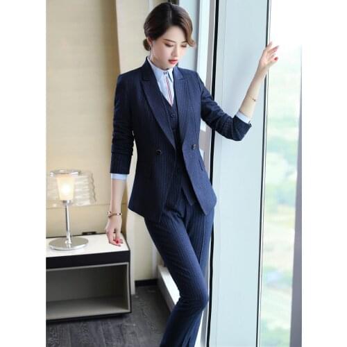 Fashion Navy Blue Striped Business Suits With Jackets And Pants Uniform Designs Ladies Pants Suit Female Blazers Trousers Set
