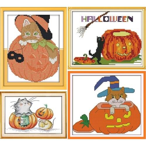 Halloween Pumpkin Cat Joy Sunday Cross Stitch Kits Patterns Stamped Printed 11CT 14CT Counted Print Crafts Embroidery Needlework