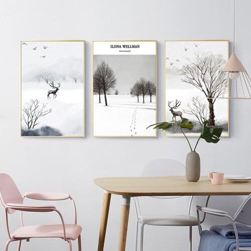 Nordic Poster Black and White Deer Landscape Wall Art Print Canvas Painting Winter Decoration Home Wall Pictures for Living Room