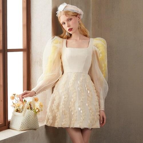 2021 new fashion Organza French bubble sleeves square collar 3d floral embroidery dress party Dress