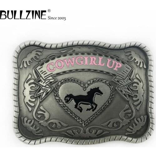 The Bullzine wholesale Cowgirl up belt buckle with pewter finish FP-02963 suitable for 4cm width belt