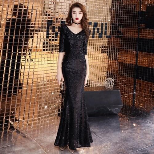 Mermaid Sequined V Neck Floor Length Ruffles Black Evening Dresses Half Sleeves Zipper Up Sheath Formal Gown Women Sexy