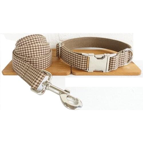 Customized Dog Collar Engraved Puppy ID Tag Leash Collar Set Adjustable Outdoor Plaid Pet Collar Leash Fabric THE COFFEE PLAID