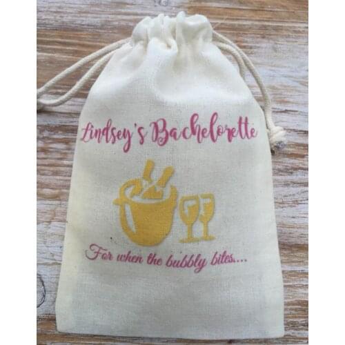 Custom rustic wedding Party first aid Hangover Kit jewelry favor muslin Bags Bachelorette hen bridal shower favors