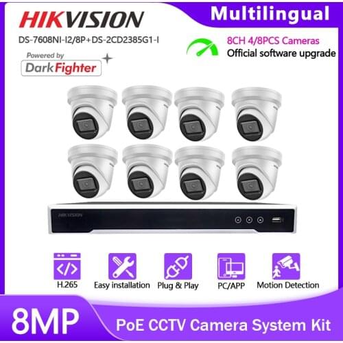 Hikvision Outdoor Video Surveillance System 4K 8 Channel DS-2CD2385G1-I NVR DS-7608NI-I2/8P Onvif 8 POE CCTV Cameras Monitor Kit