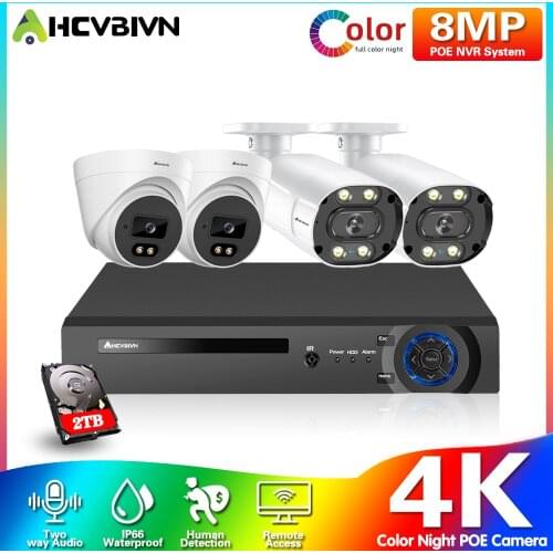 AHCVBIVN 4CH 4K POE NVR 8MP CCTV Camera System Two-way Audio Outdoor Color Night Vision Video Surveillance Kit XMEYE
