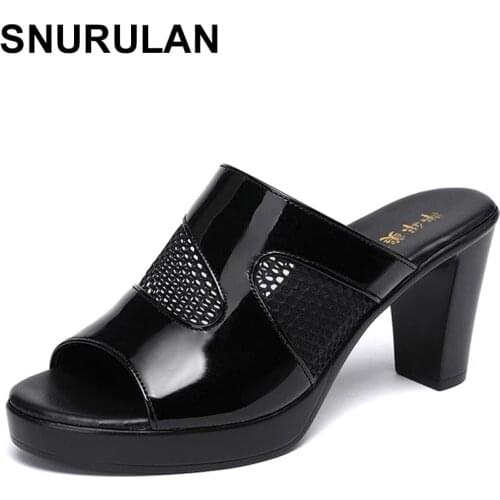 SNURULAN Plus Size 32-43 Block Heel Patent Leather Slippers Wedding Shoes Women2021Summer Cutout High Heels Slides Ladies Office