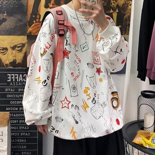 Sping Men Casual Sweatshirts Harajuku Maze Printed Men Oversized Hoodies 2021 Korean Man Casual Loose Pullovers Men Clothing