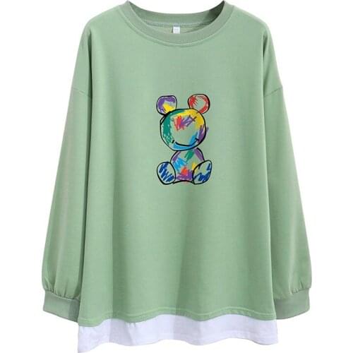 Long Sleeves Spring Autumn Thin Women Sweatshirt Print Harajuku Painted Bear Stitching Fake Two Pieces Casual Pullover Female