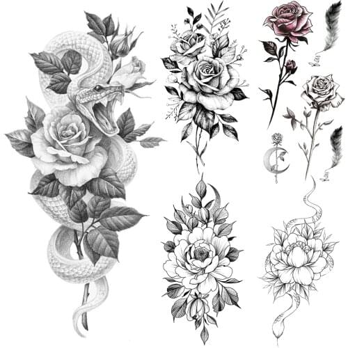 Rose Flower Temporary Tattoos For Women Black Daisy Snake Fake Tattoo Sticker Feather Large leaves Waterproof Tatoo Bady Armband